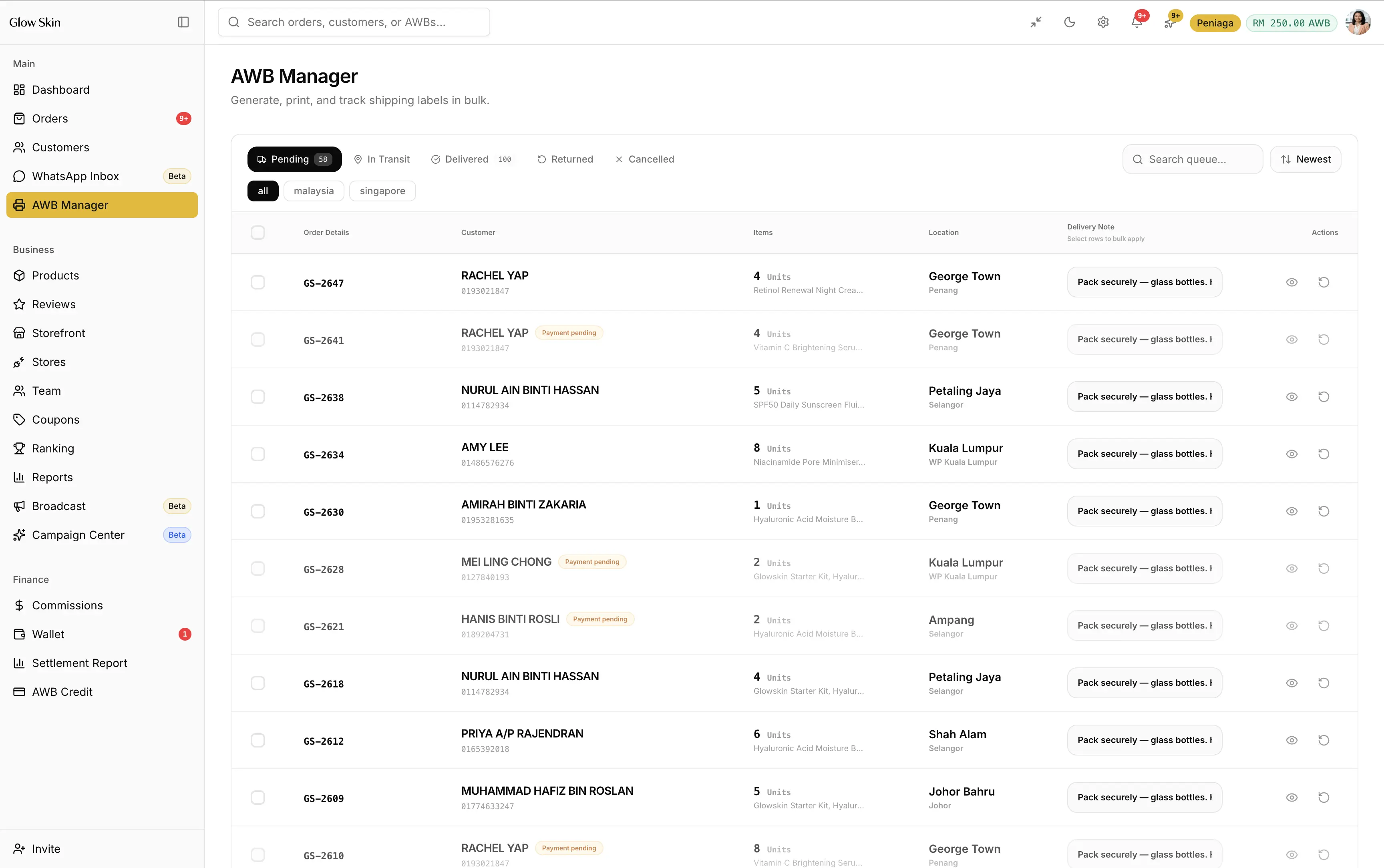 AWB Manager dalam tab Pending, dengan senarai order menunggu AWB dijana.