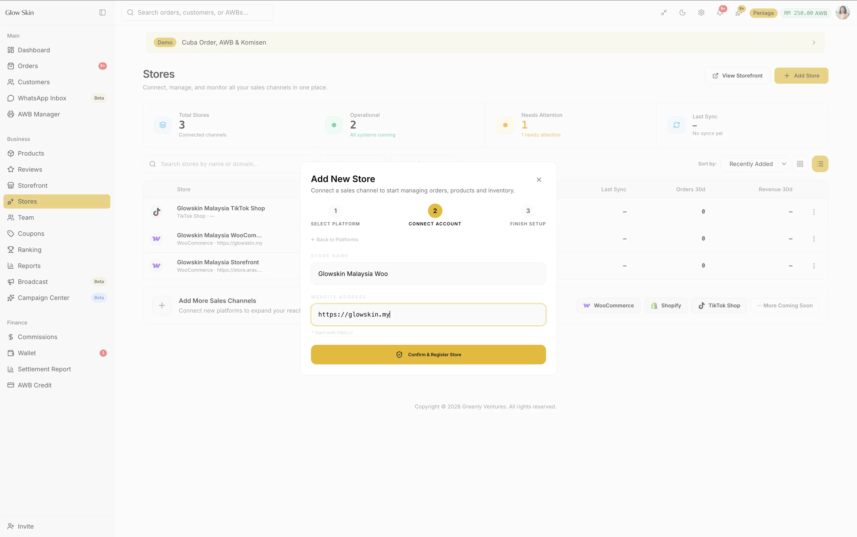 Dialog Add New Store pada langkah Connect Account, dengan nama kedai dan alamat website diisi.